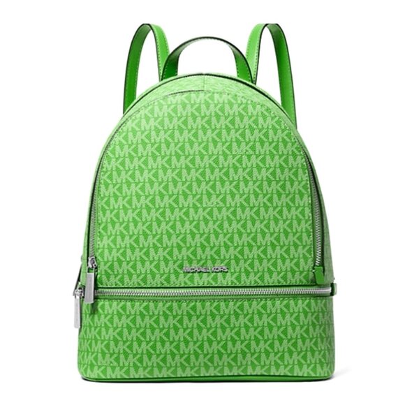 New Michael Kors Rhea Medium Signature Logo Backpack Jungle Green - Picture 1 of 4